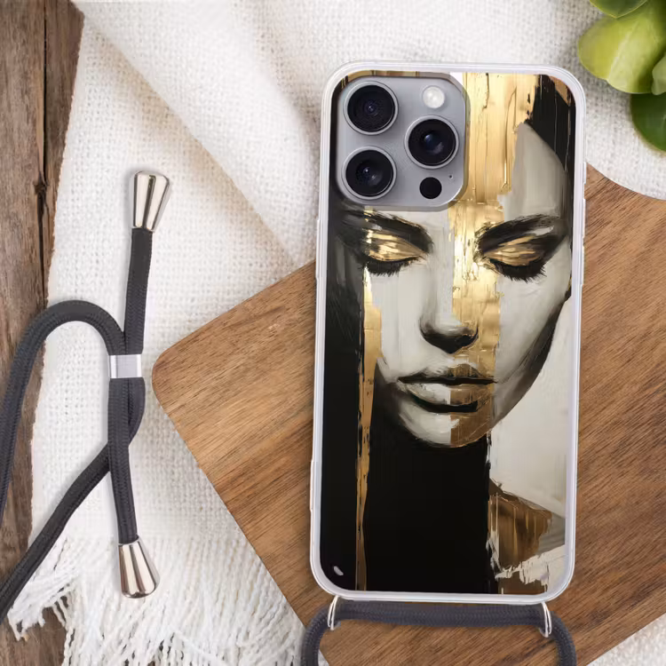 Ogen - Gezicht - Goud - Strepen Hoesje iPhone 16 Pro Max met koord klein -sfeer4