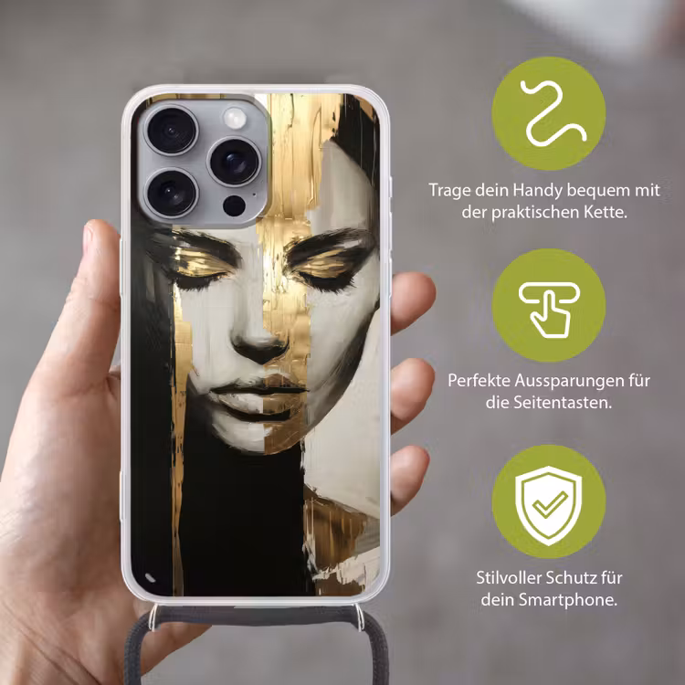 Ogen - Gezicht - Goud - Strepen Hoesje iPhone 16 Pro Max met koord klein -sfeer2_DE