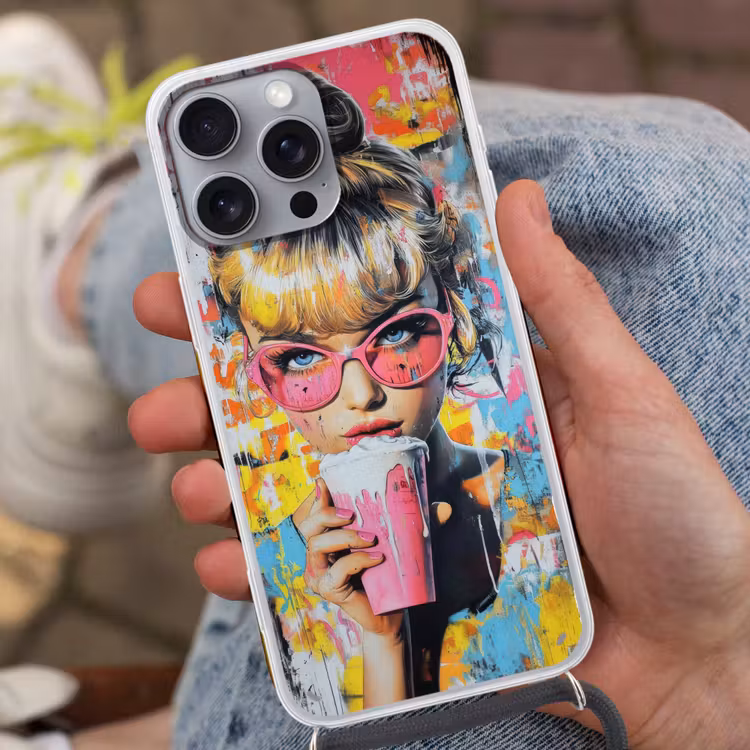 Expressief - Milkshake - Vrouw - Felle kleuren Hoesje iPhone 16 Pro Max met koord klein -sfeer3