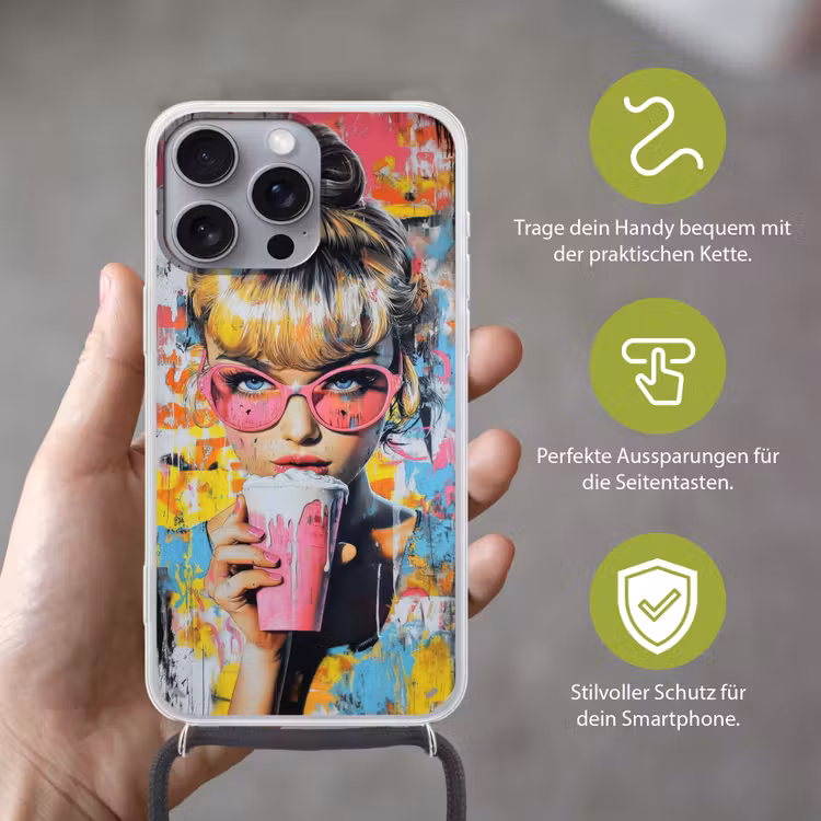Expressief - Milkshake - Vrouw - Felle kleuren Hoesje iPhone 16 Pro Max met koord klein -sfeer2_DE