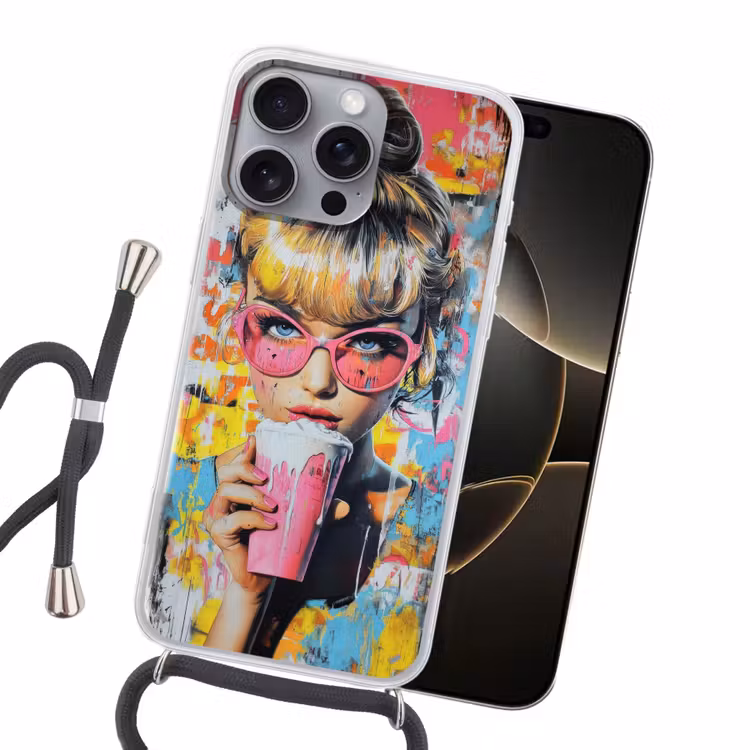 Expressief - Milkshake - Vrouw - Felle kleuren Hoesje iPhone 16 Pro Max met koord klein -sfeer1