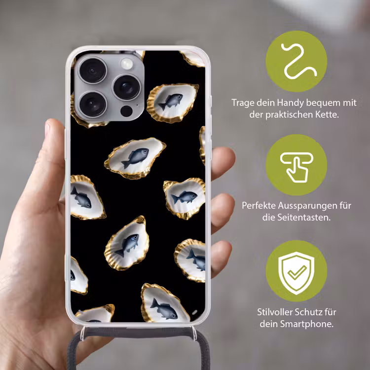Oesters - Vissen - Blauw - Goud Hoesje iPhone 16 Pro Max met koord klein -sfeer2_DE