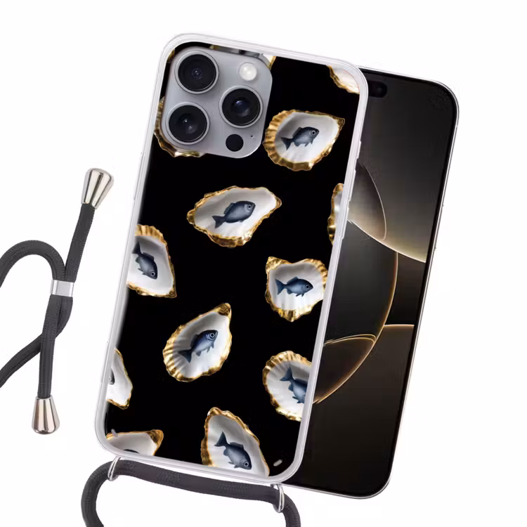Oesters - Vissen - Blauw - Goud Hoesje iPhone 16 Pro Max met koord klein -sfeer1