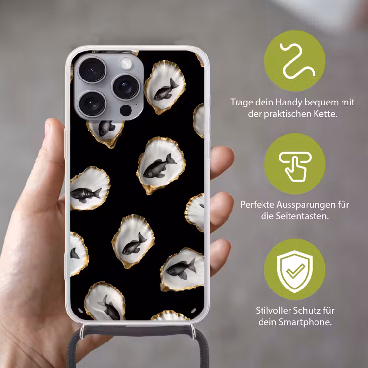 Oesters - Zwart - Vissen - Goud Hoesje iPhone 16 Pro Max met koord klein -sfeer2_DE