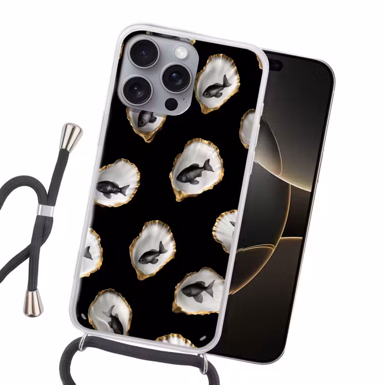 Oesters - Zwart - Vissen - Goud Hoesje iPhone 16 Pro Max met koord klein -sfeer1