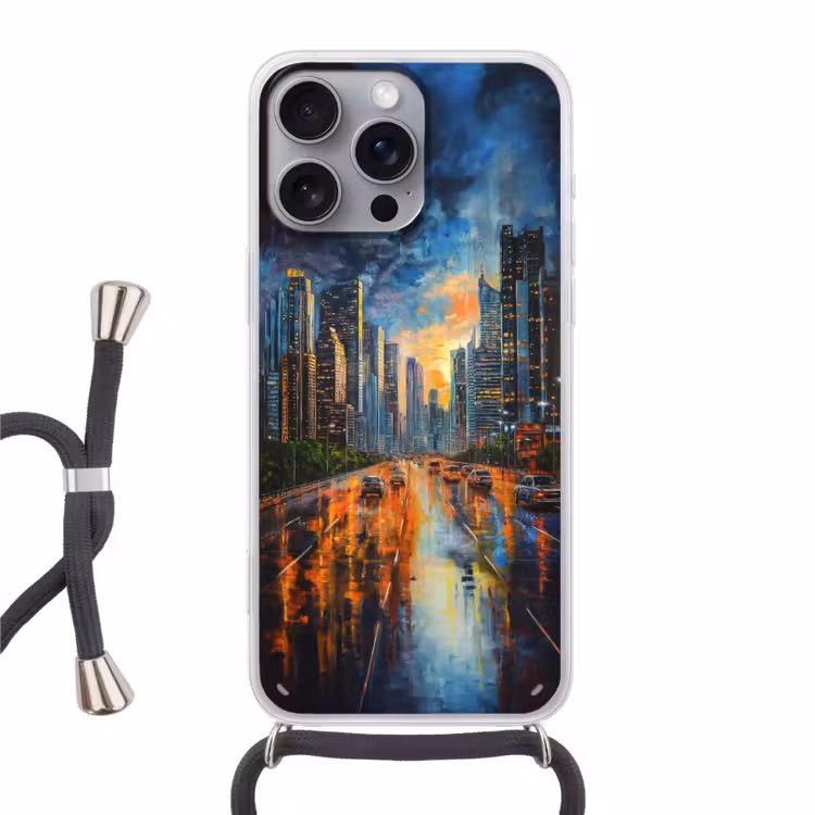 Auto - Skyline - Zon - Blauw Hoesje iPhone 16 Pro Max met koord klein -3d