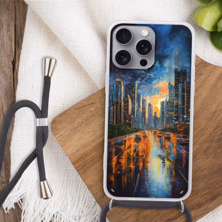 Auto - Skyline - Zon - Blauw Hoesje iPhone 16 Pro Max met koord klein -sfeer4