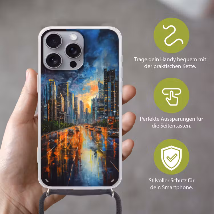 Auto - Skyline - Zon - Blauw Hoesje iPhone 16 Pro Max met koord klein -sfeer2_DE