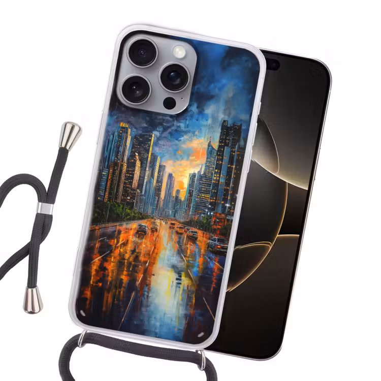 Auto - Skyline - Zon - Blauw Hoesje iPhone 16 Pro Max met koord klein -sfeer1