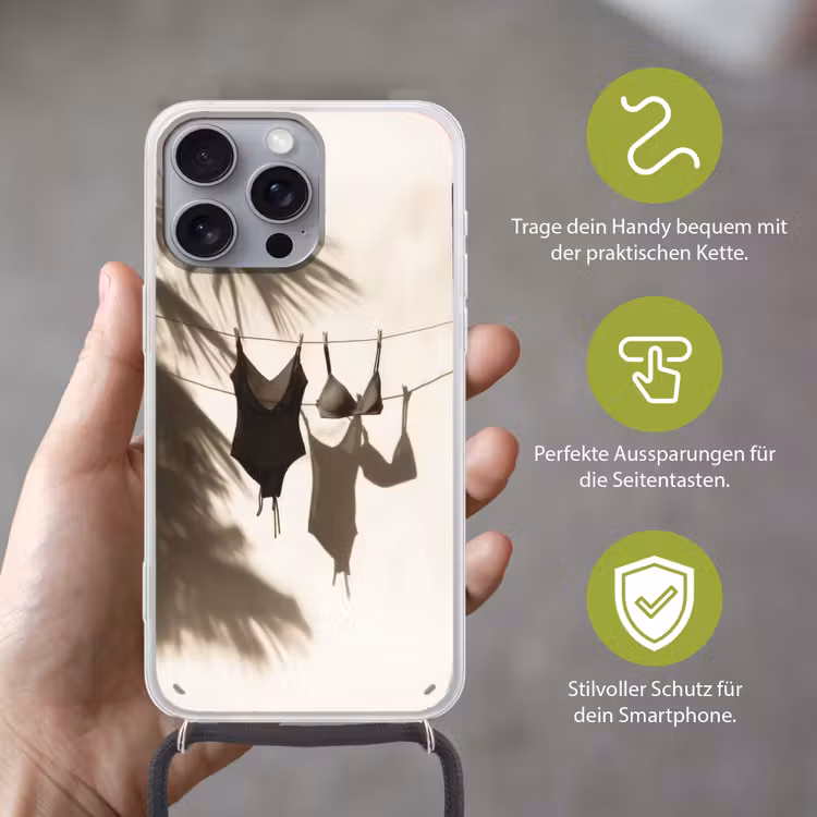 Badkleding - Palmbomen - Schaduw - Tropisch Hoesje iPhone 16 Pro Max met koord klein -sfeer2_DE