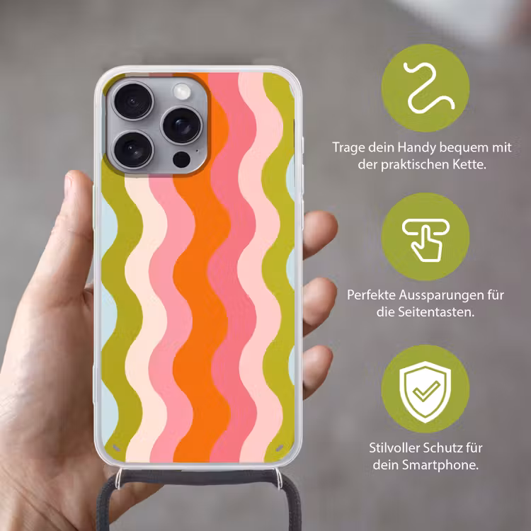 Banen - Golven - Kleurrijk - Verticaal Hoesje iPhone 16 Pro Max met koord klein -sfeer2_DE