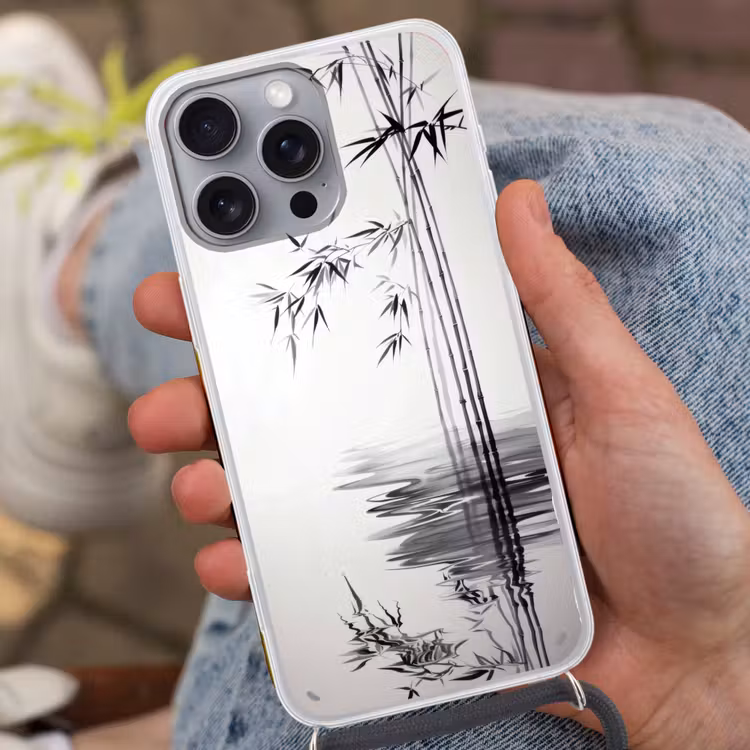 Bamboestammen - Water - Minimalistisch - Wit Hoesje iPhone 16 Pro Max met koord klein -sfeer3