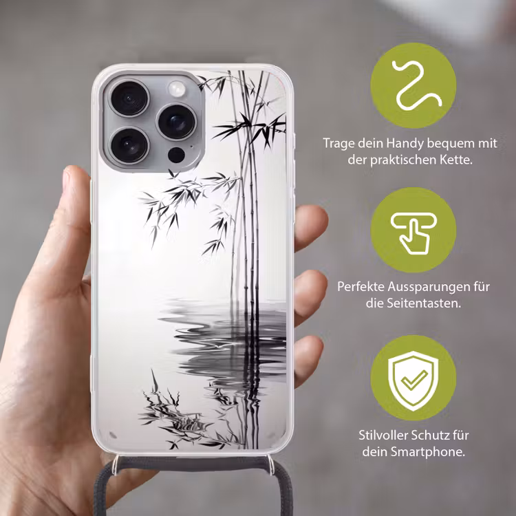 Bamboestammen - Water - Minimalistisch - Wit Hoesje iPhone 16 Pro Max met koord klein -sfeer2_DE