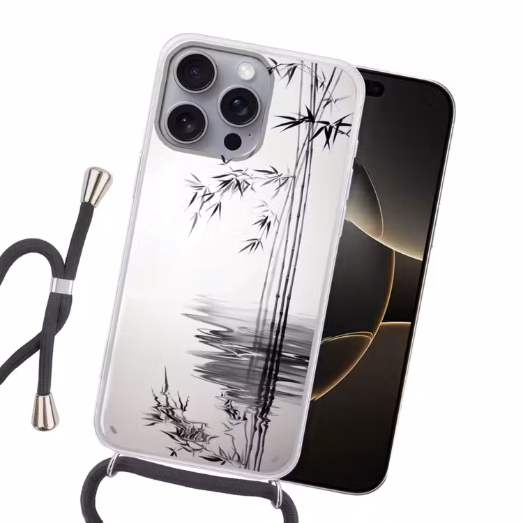 Bamboestammen - Water - Minimalistisch - Wit Hoesje iPhone 16 Pro Max met koord klein -sfeer1