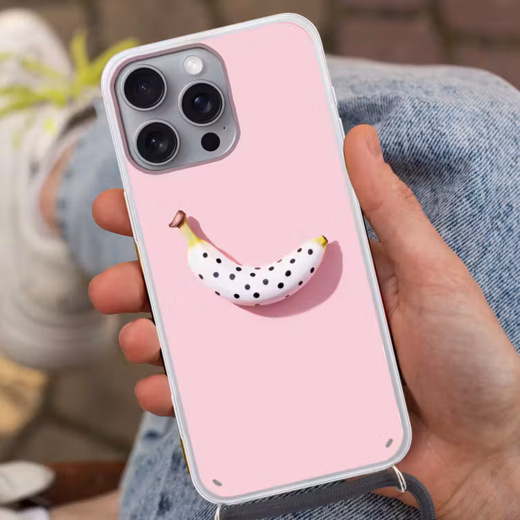 Banaan - Stippen - roze Hoesje iPhone 16 Pro Max met koord klein -sfeer3