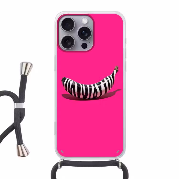 Banaan - Zebraprint - Roze Hoesje iPhone 16 Pro Max met koord klein -3d