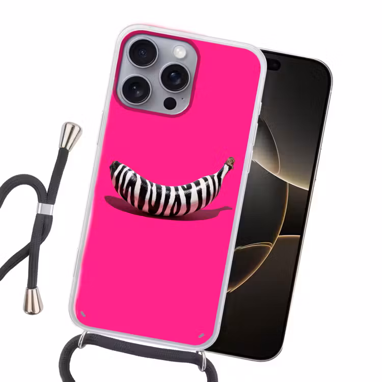 Banaan - Zebraprint - Roze Hoesje iPhone 16 Pro Max met koord klein -sfeer1