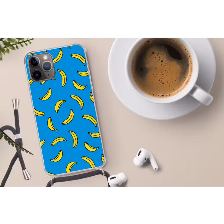 Bananen - Geel - Blauw - Print Hoesje iPhone 12 Pro met koord klein -oordop