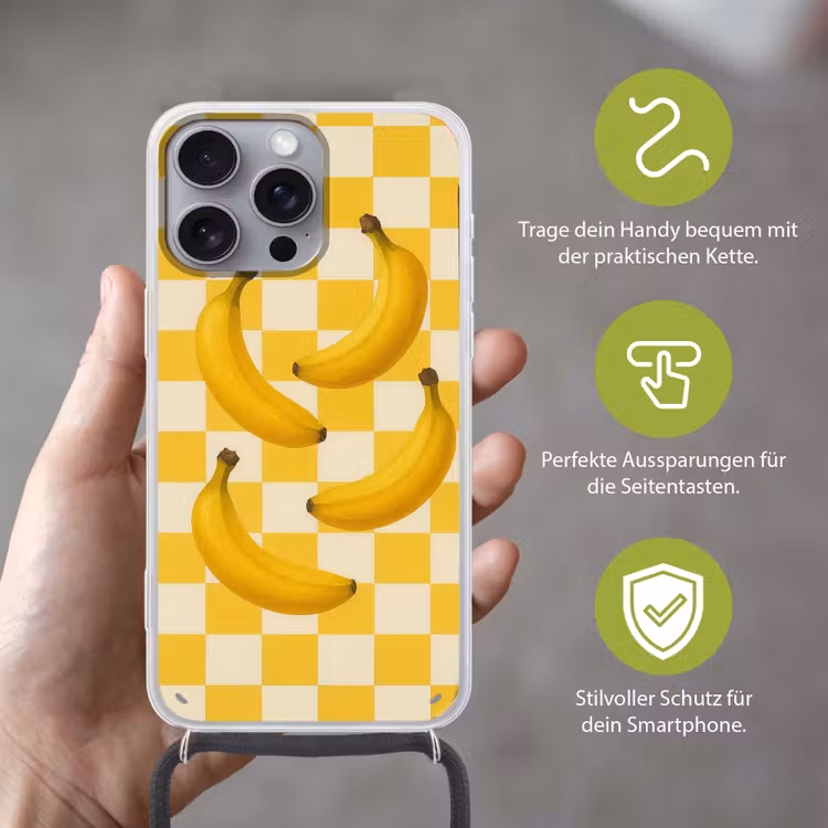 Bananen - Geel - Geblokt Hoesje iPhone 16 Pro Max met koord klein -sfeer2_DE