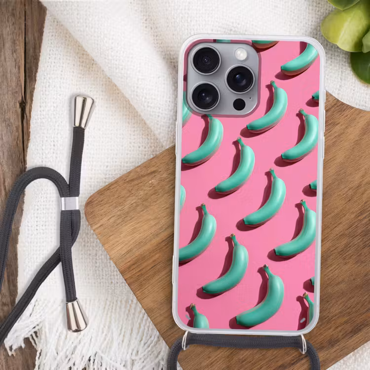 Bananen - Patroon - Blauw - Roze Hoesje iPhone 16 Pro Max met koord klein -sfeer4