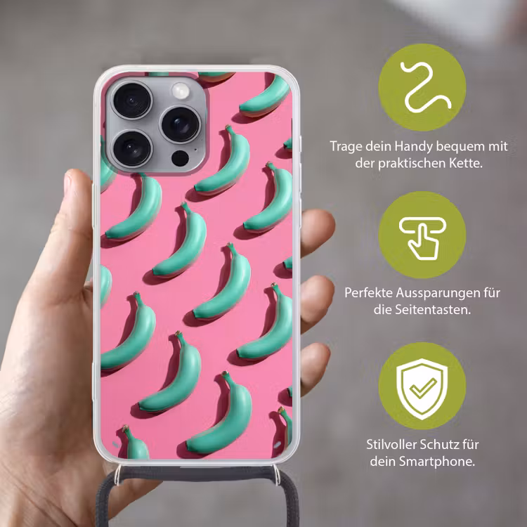 Bananen - Patroon - Blauw - Roze Hoesje iPhone 16 Pro Max met koord klein -sfeer2_DE