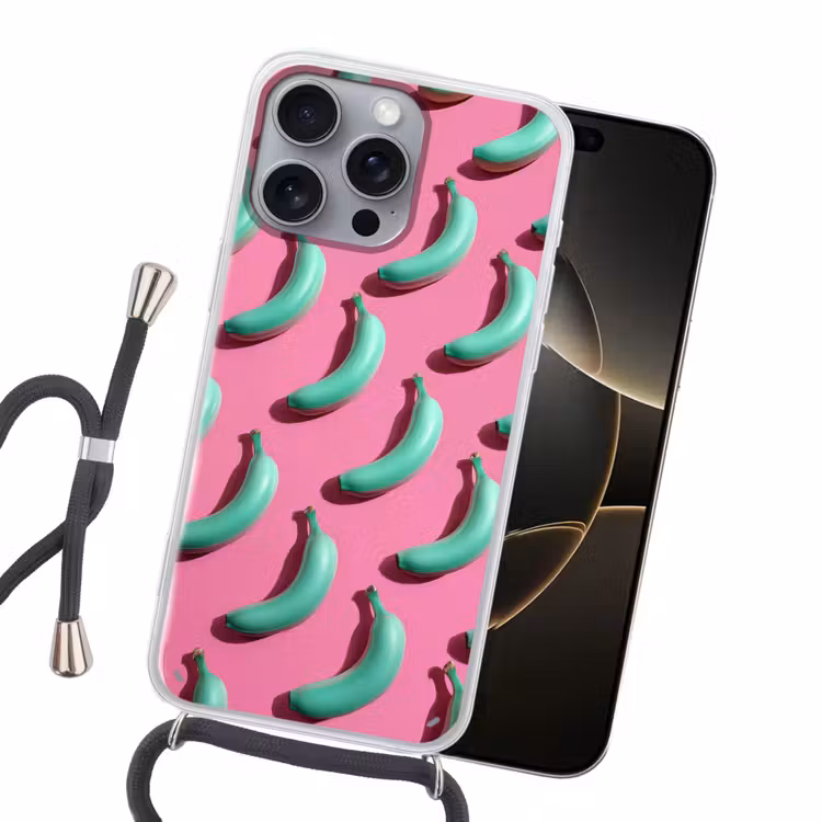 Bananen - Patroon - Blauw - Roze Hoesje iPhone 16 Pro Max met koord klein -sfeer1