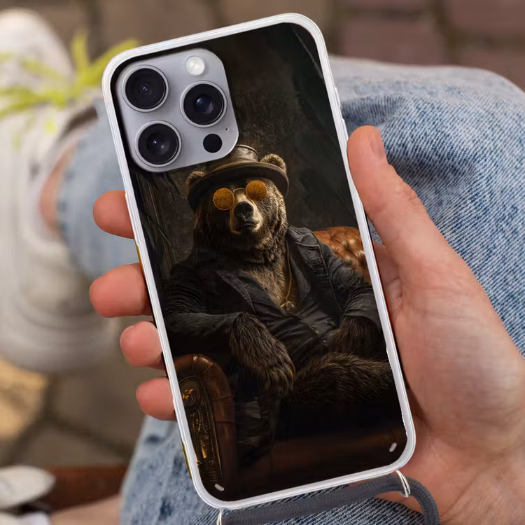 Beer - Bruin - Pak - Hoed Hoesje iPhone 16 Pro Max met koord klein -sfeer3