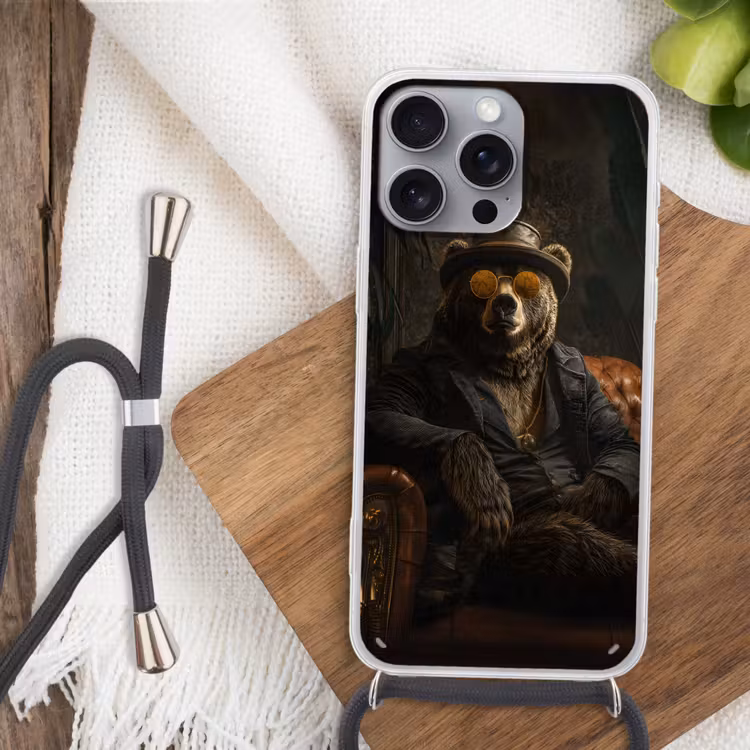 Beer - Bruin - Pak - Hoed Hoesje iPhone 16 Pro Max met koord klein -sfeer4