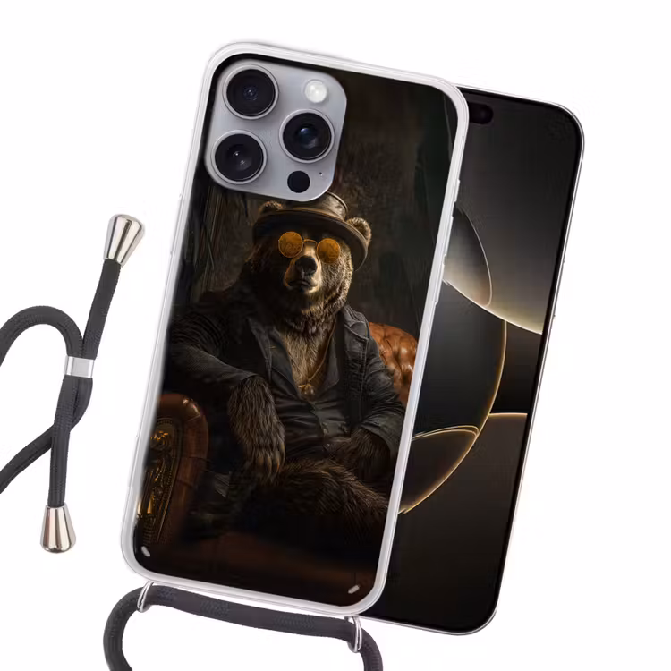 Beer - Bruin - Pak - Hoed Hoesje iPhone 16 Pro Max met koord klein -sfeer1