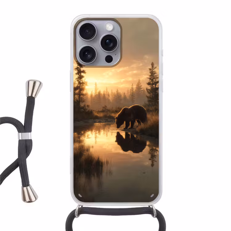 Beer - water - Bos - Ochtendlicht Hoesje iPhone 16 Pro Max met koord klein -3d