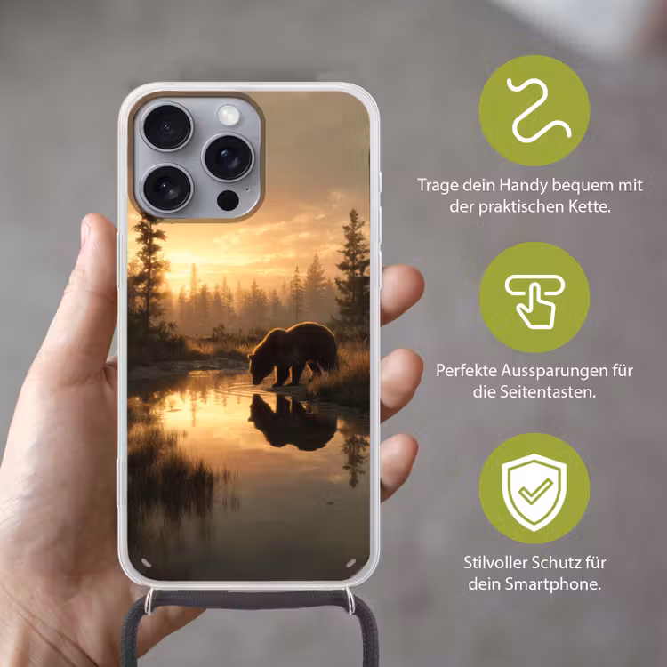 Beer - water - Bos - Ochtendlicht Hoesje iPhone 16 Pro Max met koord klein -sfeer2_DE