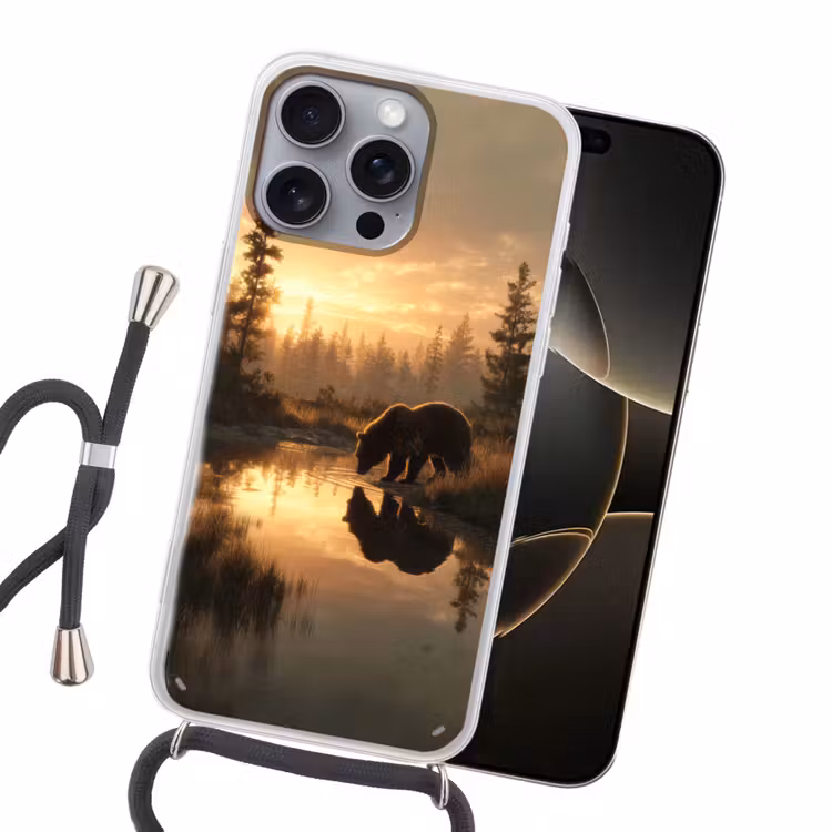 Beer - water - Bos - Ochtendlicht Hoesje iPhone 16 Pro Max met koord klein -sfeer1