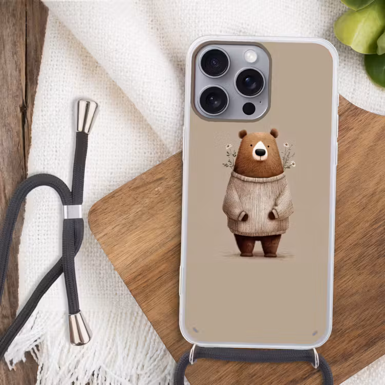 Beer - Witte bloemen - Knus Hoesje iPhone 16 Pro Max met koord klein -sfeer4