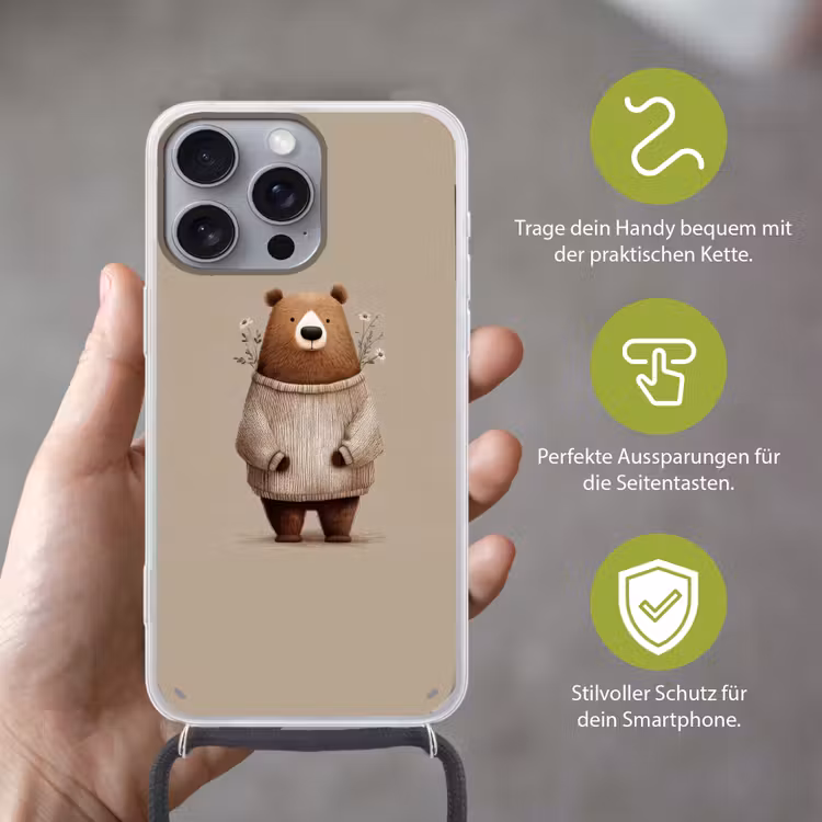 Beer - Witte bloemen - Knus Hoesje iPhone 16 Pro Max met koord klein -sfeer2_DE