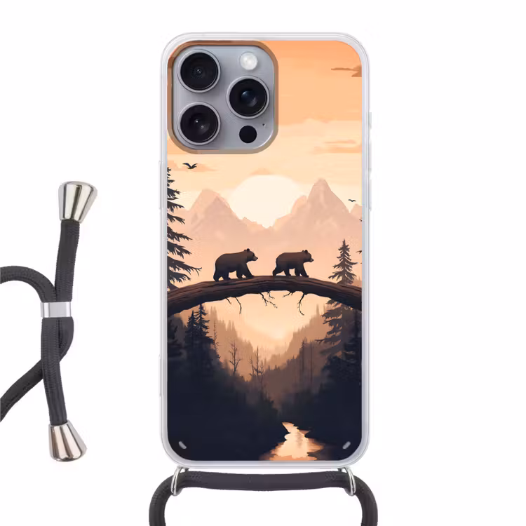 Beren - Bomen - Landschap - Zonsondergang Hoesje iPhone 16 Pro Max met koord klein -3d