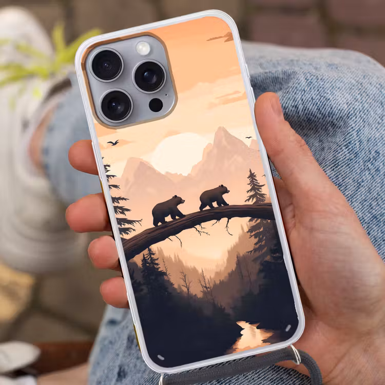 Beren - Bomen - Landschap - Zonsondergang Hoesje iPhone 16 Pro Max met koord klein -sfeer3