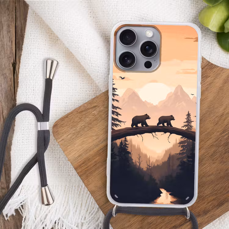 Beren - Bomen - Landschap - Zonsondergang Hoesje iPhone 16 Pro Max met koord klein -sfeer4