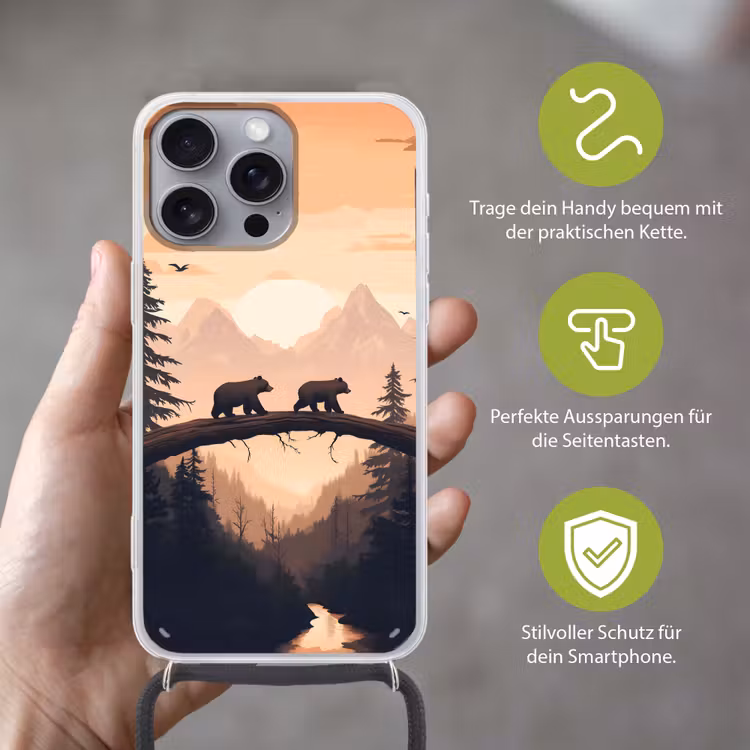 Beren - Bomen - Landschap - Zonsondergang Hoesje iPhone 16 Pro Max met koord klein -sfeer2_DE