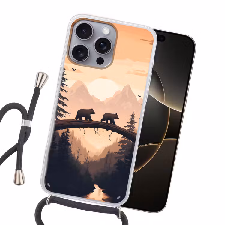 Beren - Bomen - Landschap - Zonsondergang Hoesje iPhone 16 Pro Max met koord klein -sfeer1