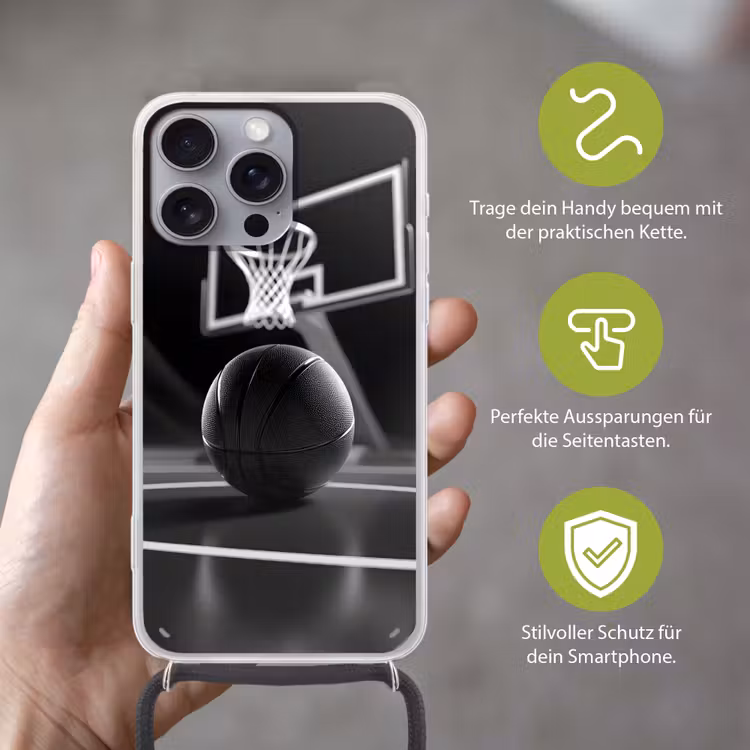 Basketbal - Basketbalveld - Lichtlijnen Hoesje iPhone 16 Pro Max met koord klein -sfeer2_DE