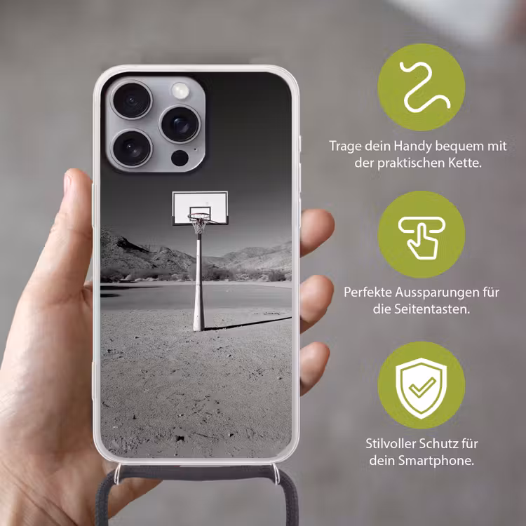 Basketbalpaal - Landschap - Zand - Wit Hoesje iPhone 16 Pro Max met koord klein -sfeer2_DE