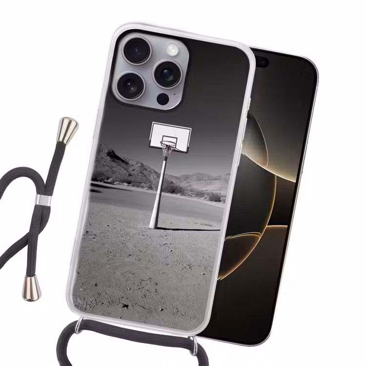Basketbalpaal - Landschap - Zand - Wit Hoesje iPhone 16 Pro Max met koord klein -sfeer1