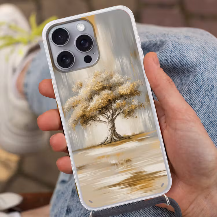 Boom - Bladeren - Abstract - Wit Hoesje iPhone 16 Pro Max met koord klein -sfeer3