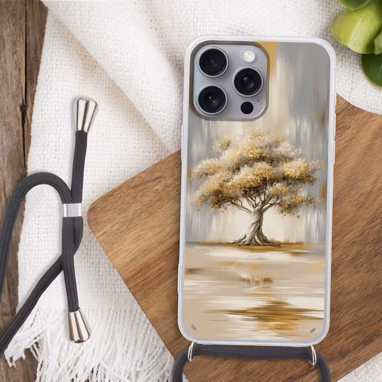 Boom - Bladeren - Abstract - Wit Hoesje iPhone 16 Pro Max met koord klein -sfeer4