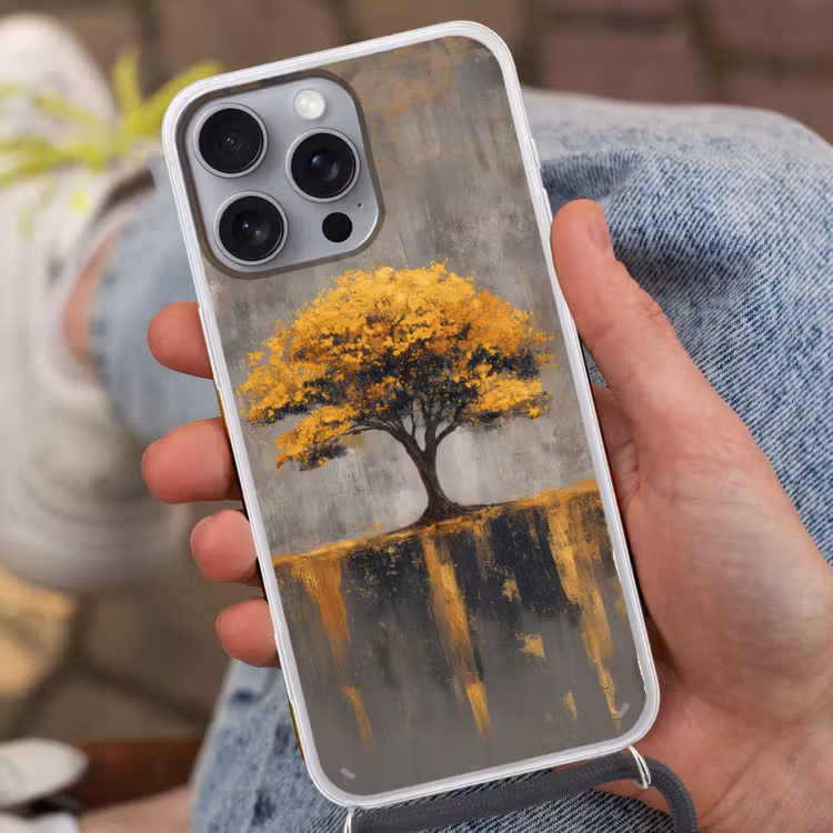 Boom - Bladeren - Goud - Abstract Hoesje iPhone 16 Pro Max met koord klein -sfeer3