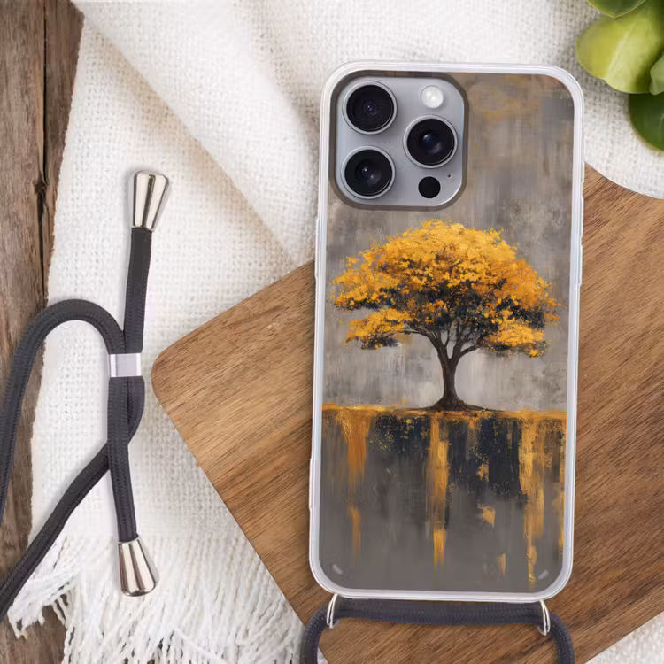 Boom - Bladeren - Goud - Abstract Hoesje iPhone 16 Pro Max met koord klein -sfeer4