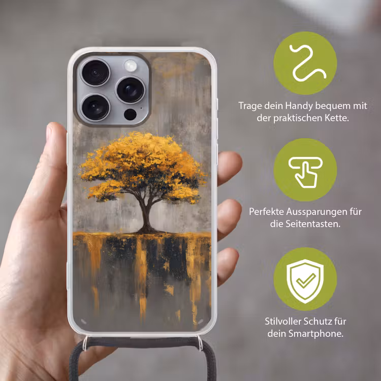 Boom - Bladeren - Goud - Abstract Hoesje iPhone 16 Pro Max met koord klein -sfeer2_DE