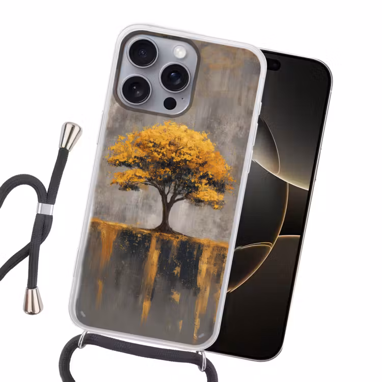 Boom - Bladeren - Goud - Abstract Hoesje iPhone 16 Pro Max met koord klein -sfeer1