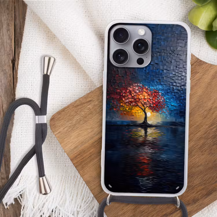 Boom - Blauw - Bladeren - Vakken Hoesje iPhone 16 Pro Max met koord klein -sfeer4