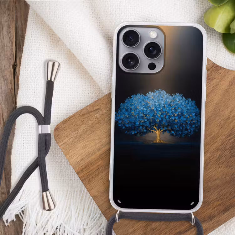 Boom - Blauw - Bladeren - Penseelstreken Hoesje iPhone 16 Pro Max met koord klein -sfeer4